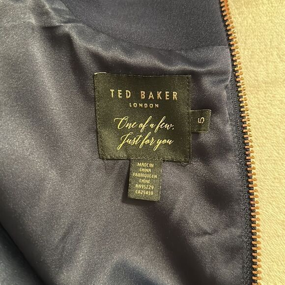 Ted Baker 14 (5) Navy Geodese V Neck Front Slit Back Zip Sleeveless Shift Dress - Picture 10 of 16